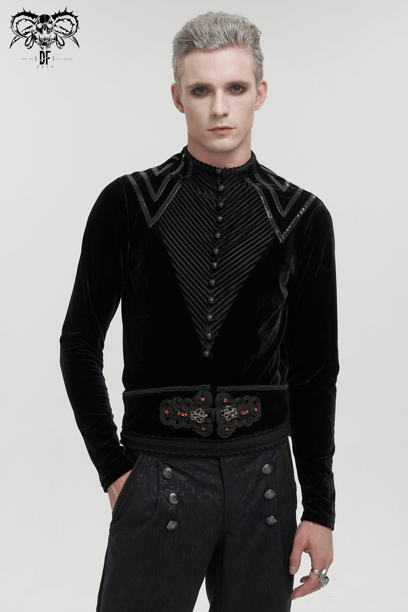 Men's gothic style black velvet top with leather strips and buttons, perfect for edgy fashion lovers.