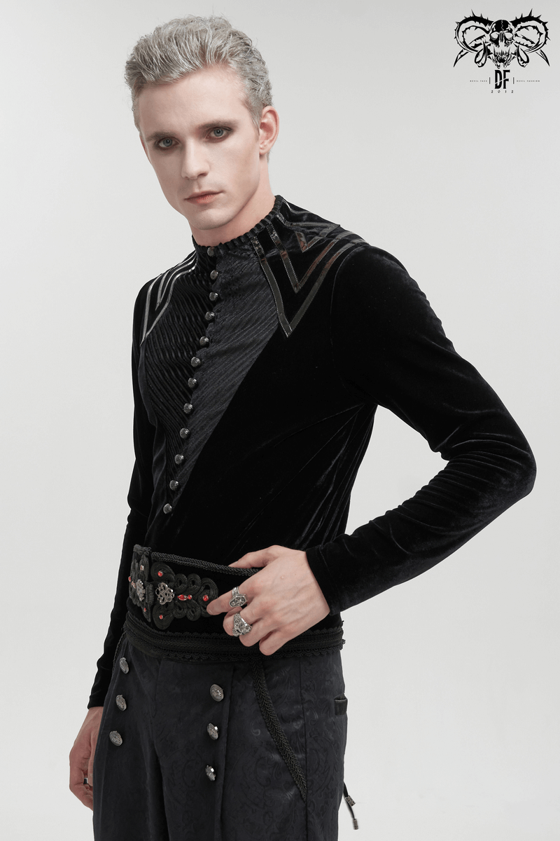 Men's gothic black velvet top with leather strips and long sleeves, featuring stylish button accents and edgy aesthetic.