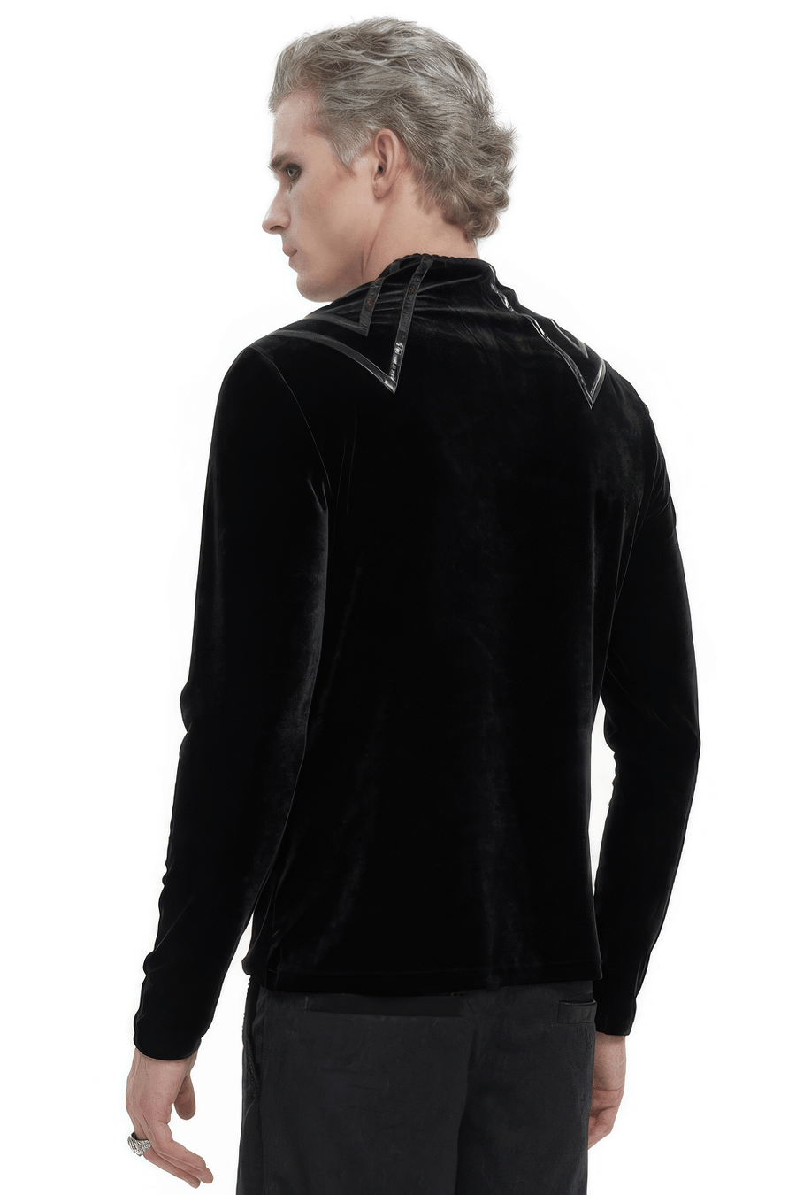 Back view of men's black velvet gothic style top with leather strips and long sleeves.