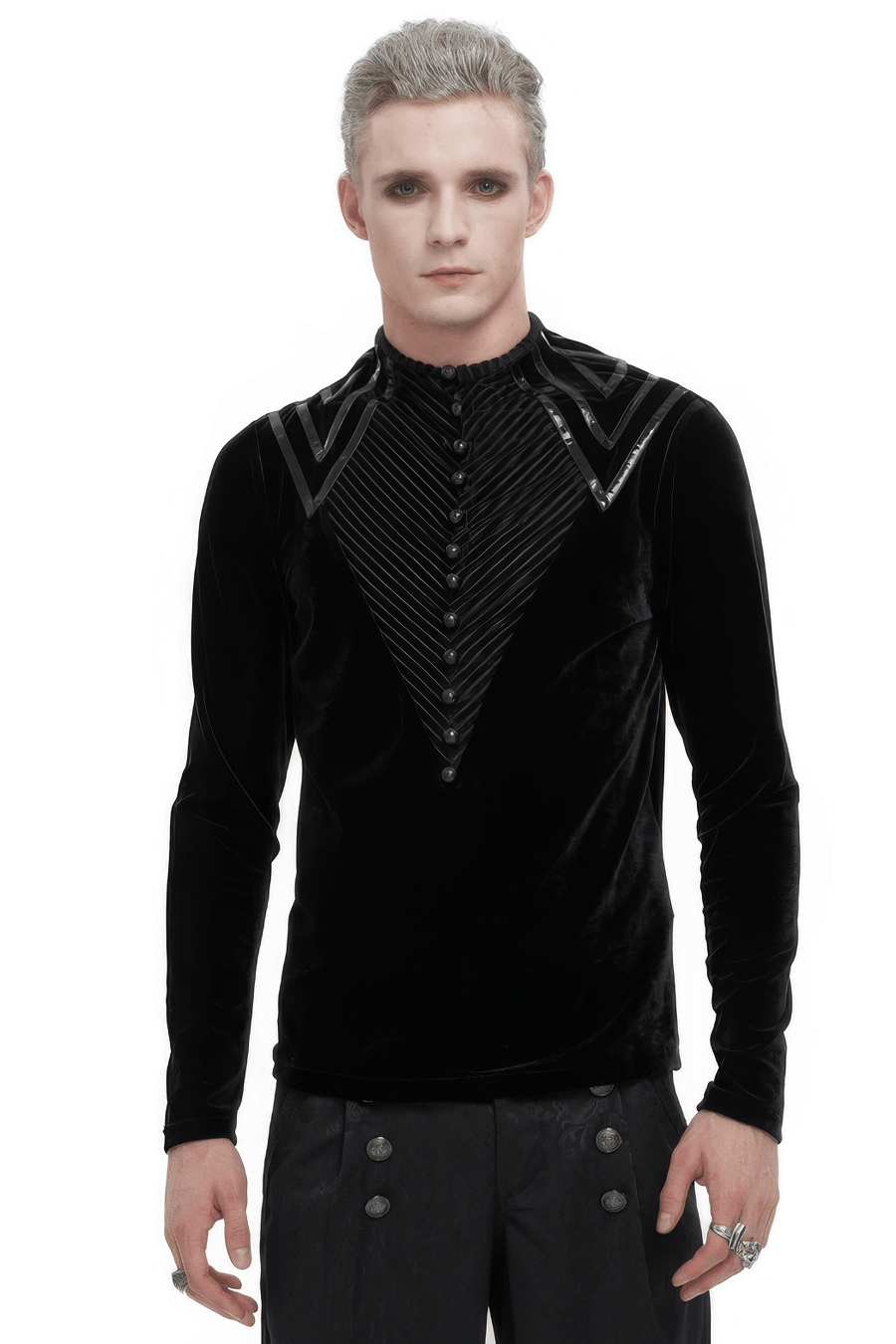 Men's gothic black velvet top with leather strips and button accents, perfect for an edgy aesthetic.