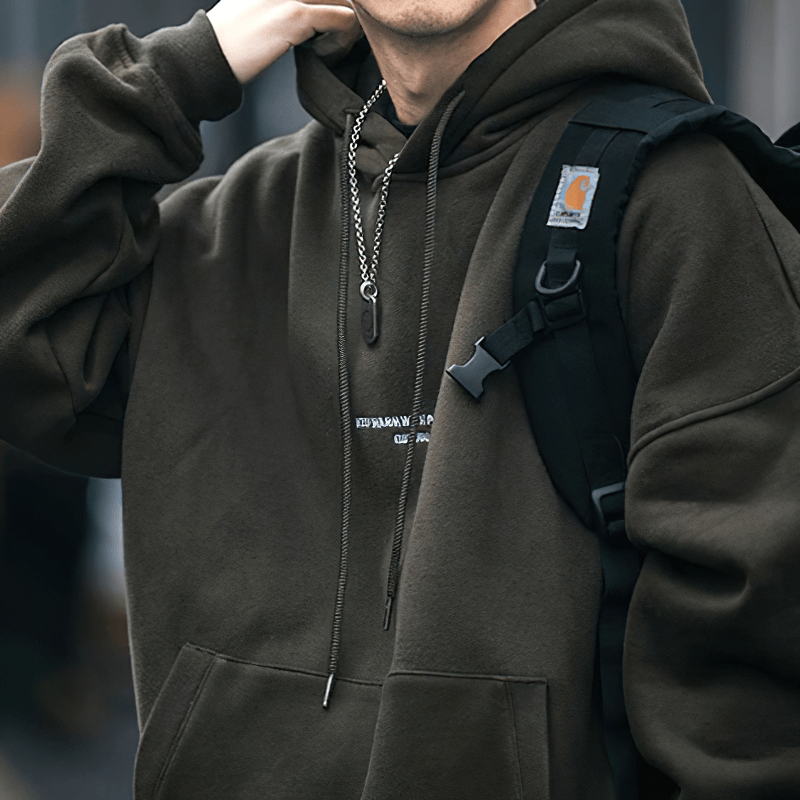 Men's loose fit fleece hoodie with drawstring hood in dark green, stylish and comfortable alternative fashion.