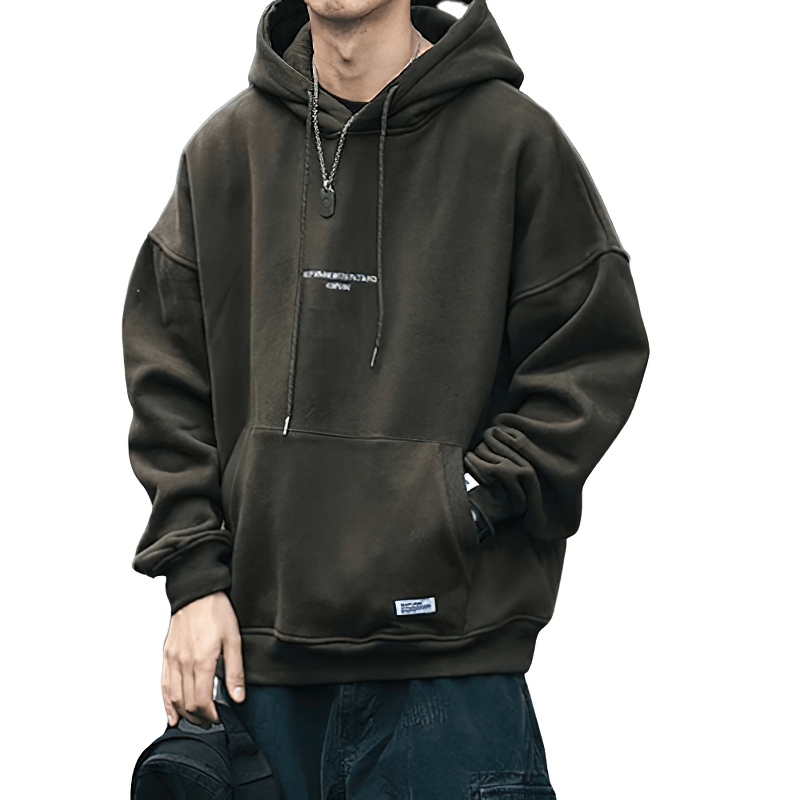Men's loose letter fleece hoodie with drawstring in stylish alternative fashion.
