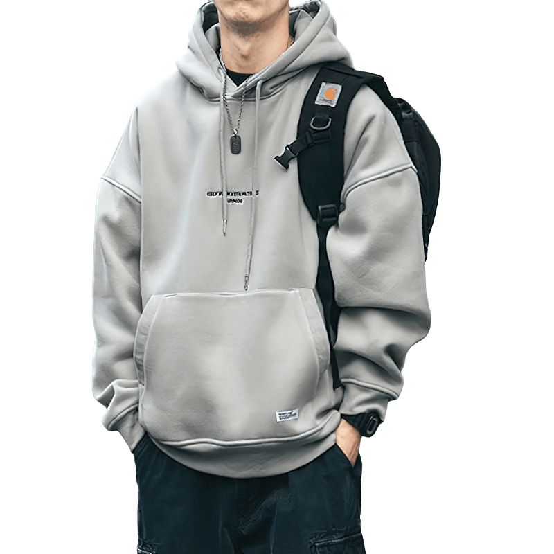 Men's gray fleece hoodie with drawstring, loose fit, perfect for alternative style outfits.