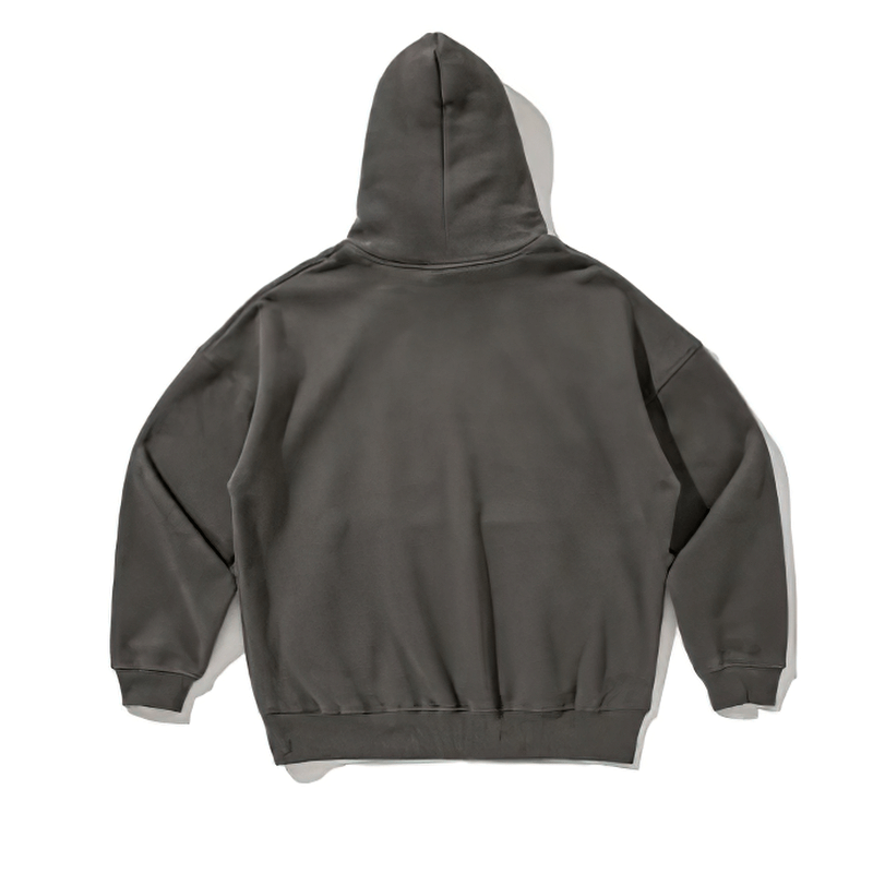 Men's gray fleece hoodie back view, featuring a loose fit and drawstring hood for alternative style comfort.