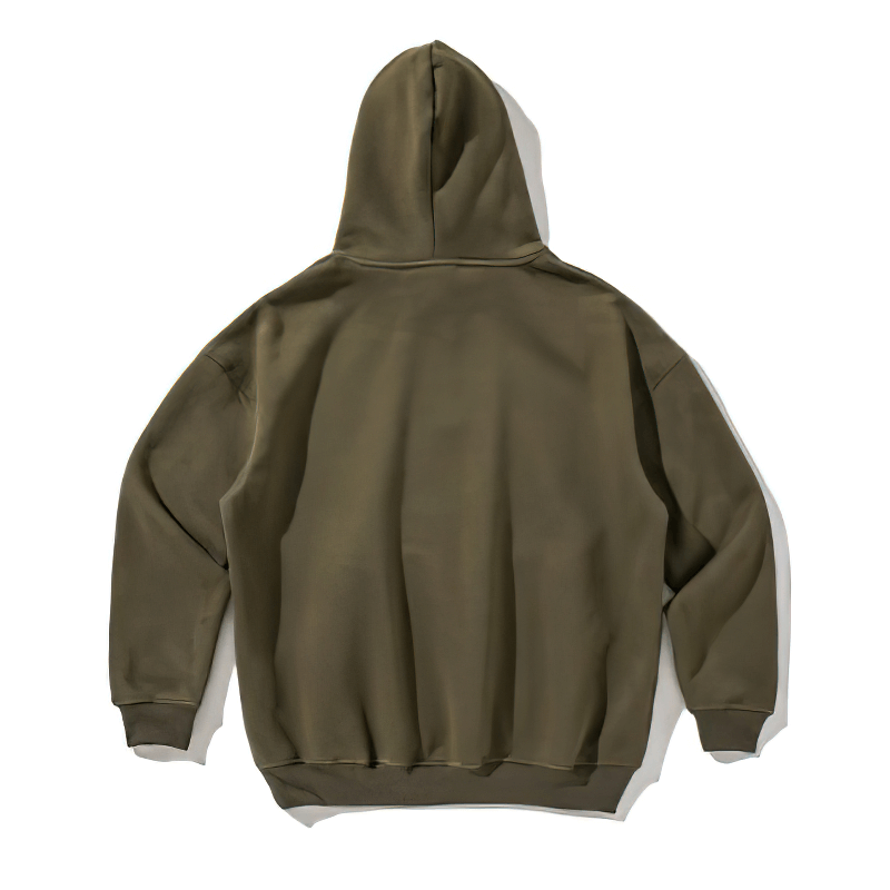 Men's olive green fleece hoodie with a loose fit and drawstring hood, perfect for alternative fashion styles.