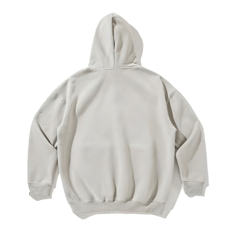 Back view of men's letter fleece hoodie in loose cut, featuring a drawstring hood and soft fabric for alternative style.