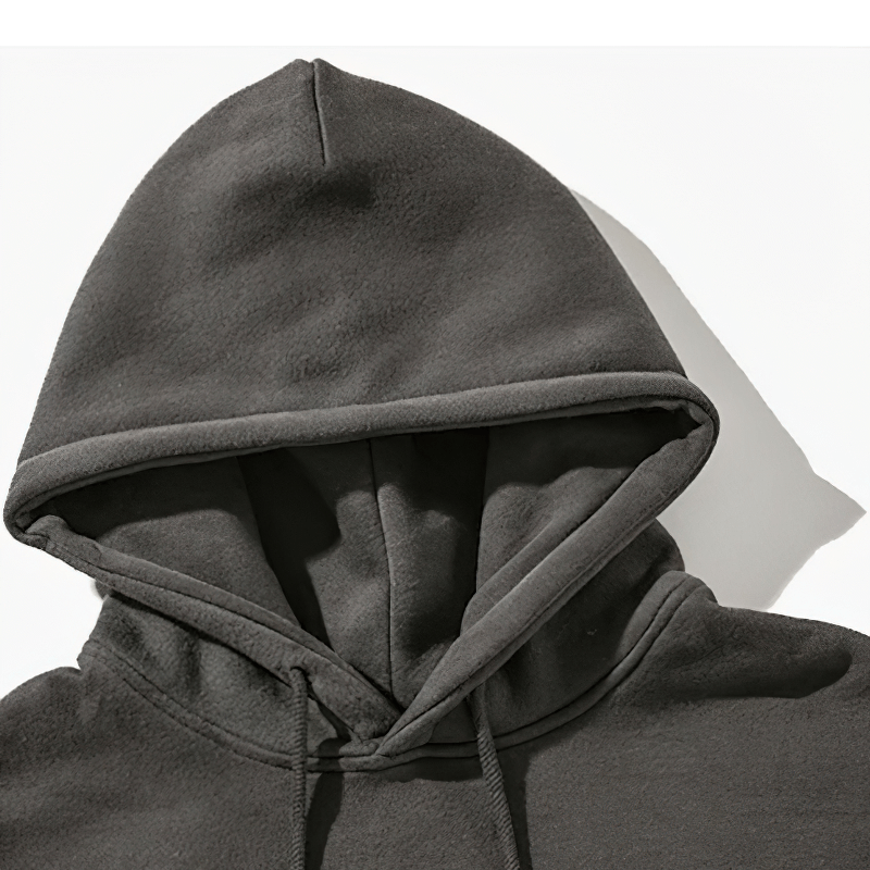 Stylish men's fleece hoodie with drawstring hood in dark gray, perfect for alternative fashion looks.