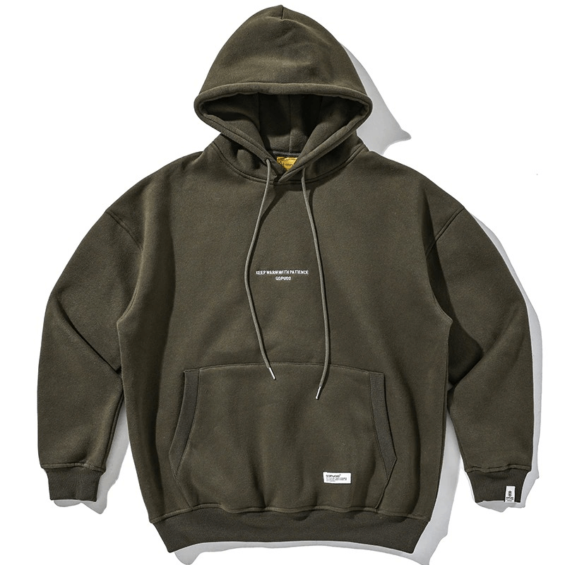 Men's alternative style fleece hoodie in dark green with drawstring hood and loose fit, perfect for comfortable outfits.