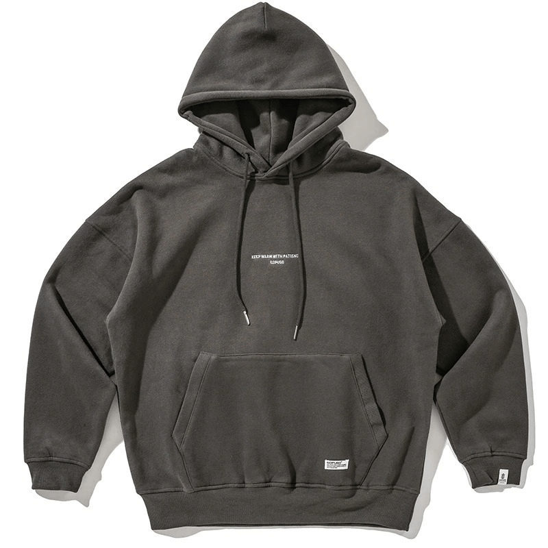Men's alternative style fleece hoodie in dark grey with drawstring hood, perfect for a loose and comfy fit.