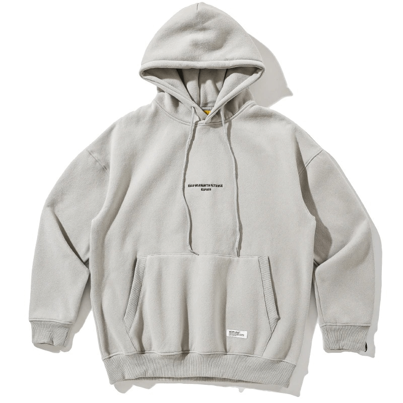 Men's gray fleece hoodie with drawstring, loose fit, perfect for alternative style outfits.
