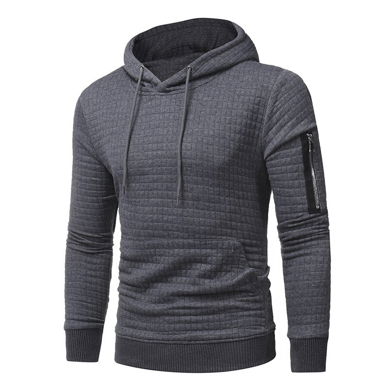 Men's stylish long sleeve hoodie in gray with a quilted texture and a modern cut, perfect for casual aesthetics.