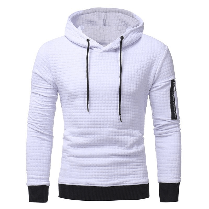 Stylish men's long sleeve white hoodie with modern cut and zip pocket, perfect for casual outfits.