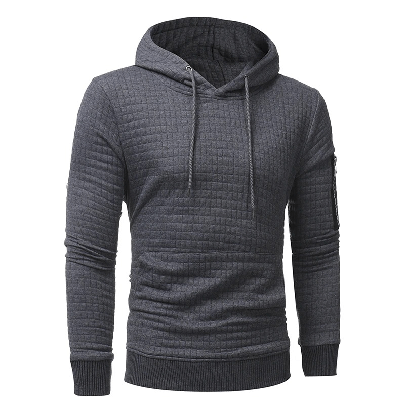 Men's long sleeve hooded sweatshirt in dark gray, featuring a modern cut and stylish quilted design.