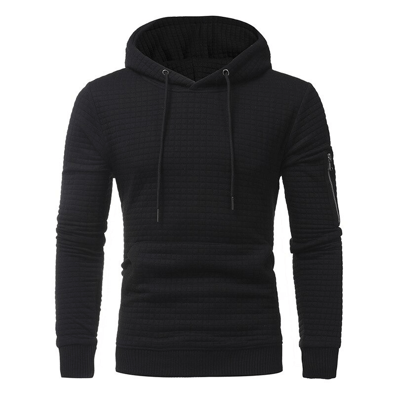 Men's black long sleeve hoodie with modern cut and zip pocket for a casual aesthetic look.