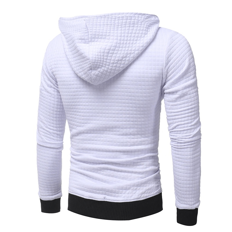 Men's long sleeve white hoodie with a textured design, showcasing a modern, casual style and cozy fit.