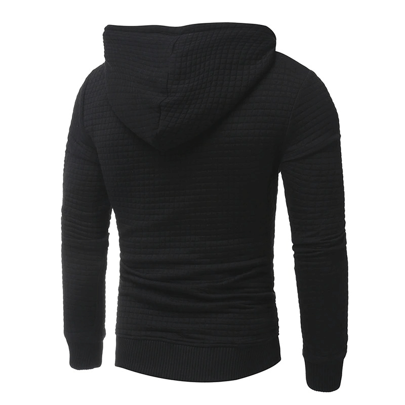 Back view of a men's long sleeve black hoodie, showcasing its modern cut and textured fabric.