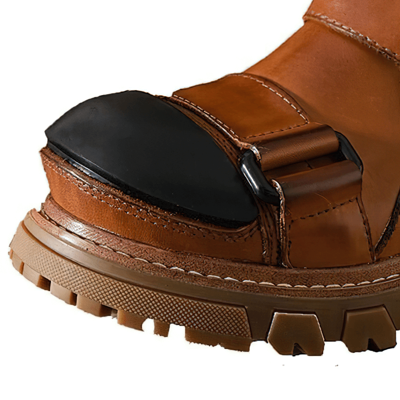 Close-up of men's punk rock leather shoe with rubber platform and black toe cap for style and durability.