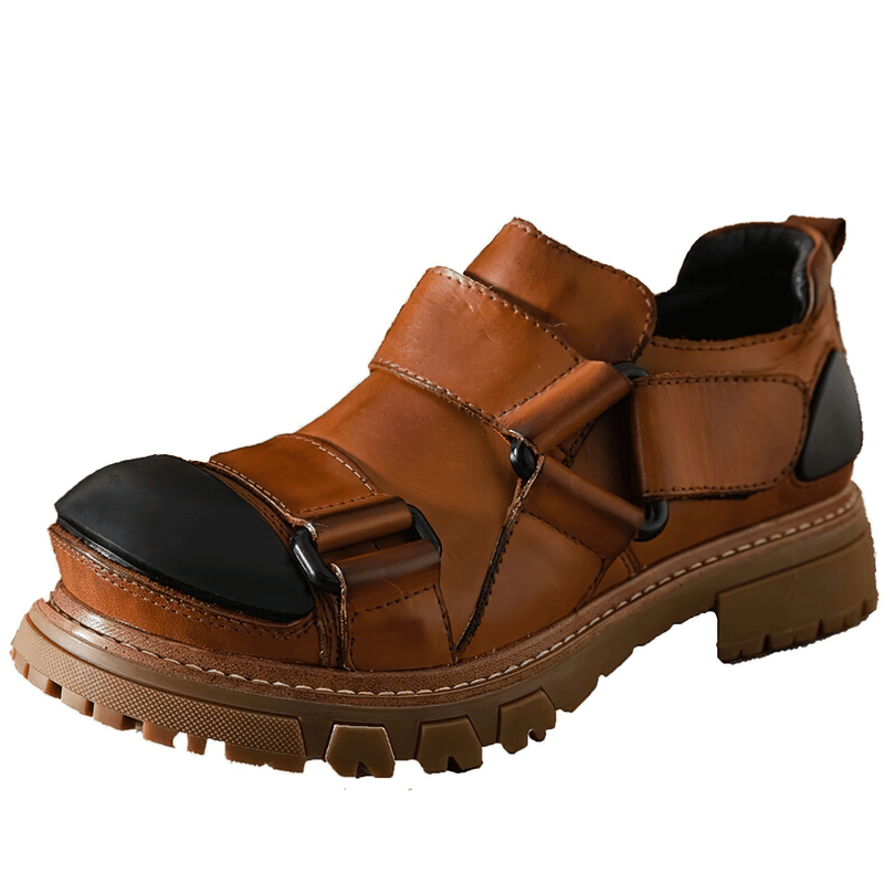 Stylish men's punk rock leather shoes with rubber platform and buckle details, perfect for casual wear.