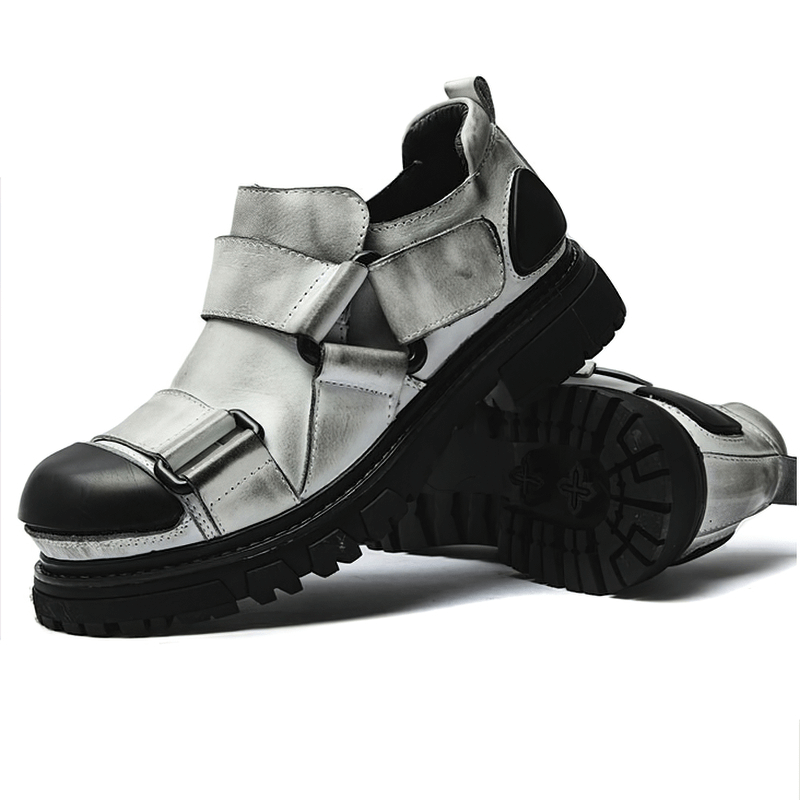 Men's luxury punk rock shoes in silver genuine leather with non-slip rubber platform for comfort and style.