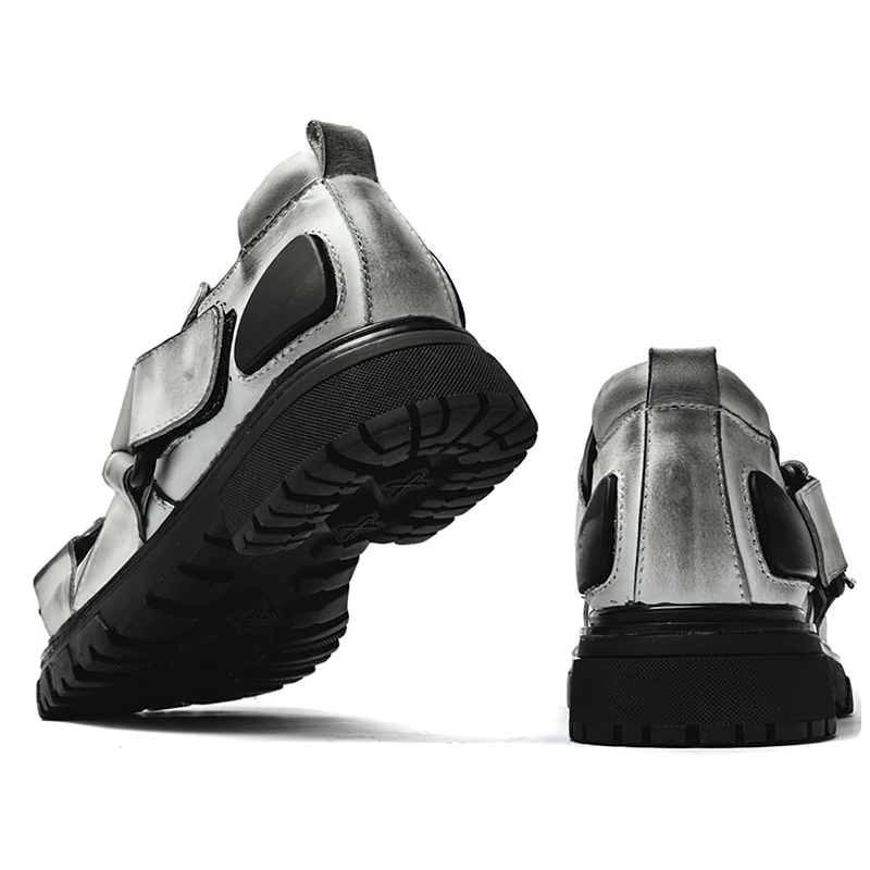 Men's punk rock genuine leather shoes with rubber platform, showcasing stylish silver design and non-slip soles.