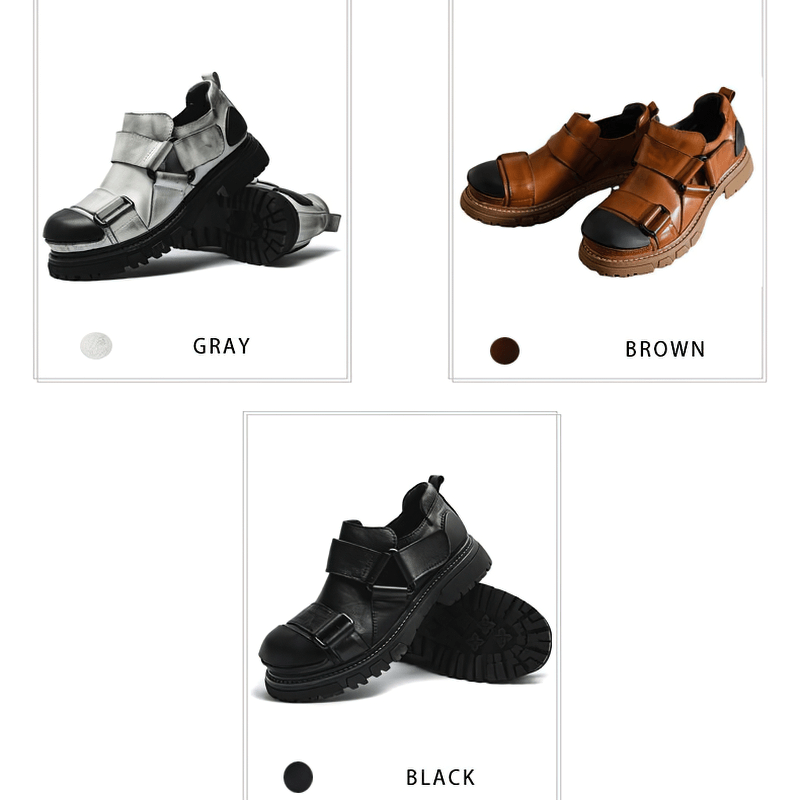 Men's punk rock genuine leather shoes in gray, brown, and black with non-slip rubber platform soles.