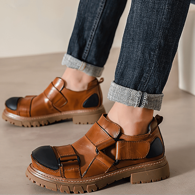 Men's punk rock genuine leather shoes with non-slip rubber platform, stylish and comfortable.