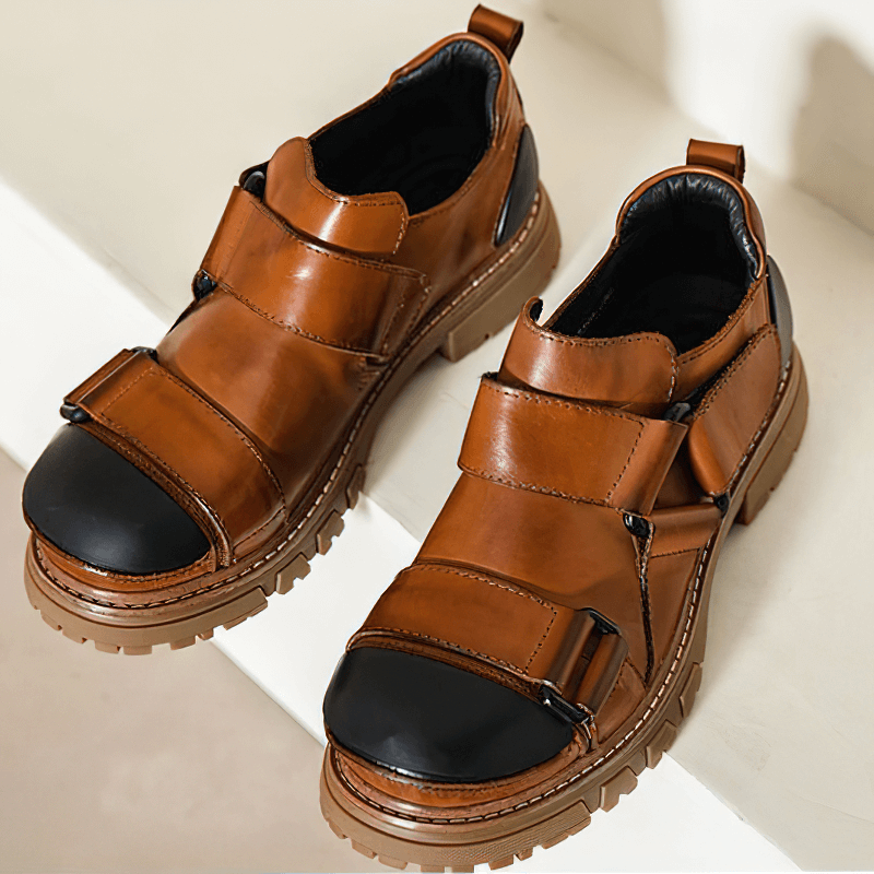 Men's punk rock genuine leather shoes with rubber platform, stylish brown design and comfortable fit.