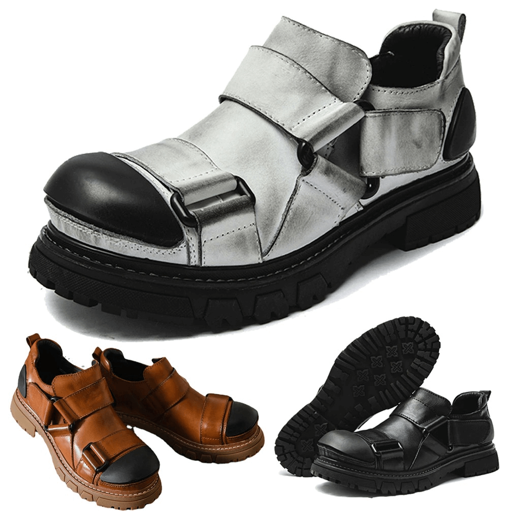 Stylish men's punk rock shoes in silver, brown, and black with rubber platform soles for comfort and durability.