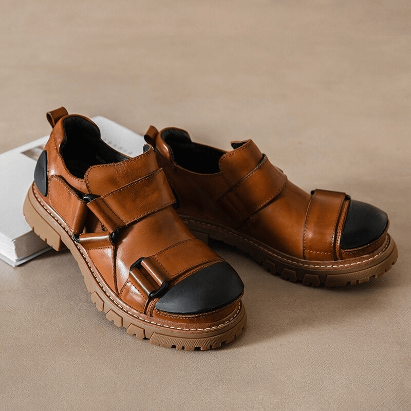 Men's punk rock genuine leather shoes with non-slip rubber platform, stylish brown and black design for comfort and fashion.