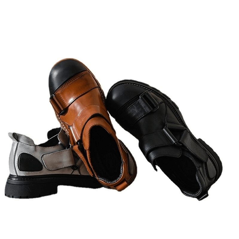 Men's punk rock genuine leather shoes in black, brown, and gray with rubber platform soles.