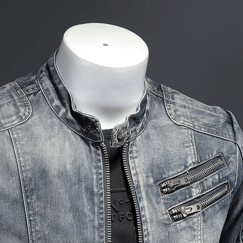 Men's motorcycle zipper denim jacket with stand collar and stylish zippered pockets, perfect for trendy outerwear.