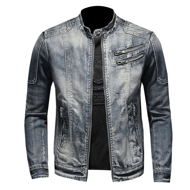 Men's motorcycle denim jacket with zipper, slim fit, trendy stand collar design for stylish outerwear.