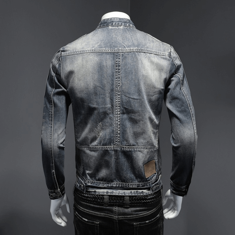 Men's Motorcycle Zipper Denim Jacket / Male Stand Collar Jacket / Fashion Slim Fit Outerwear