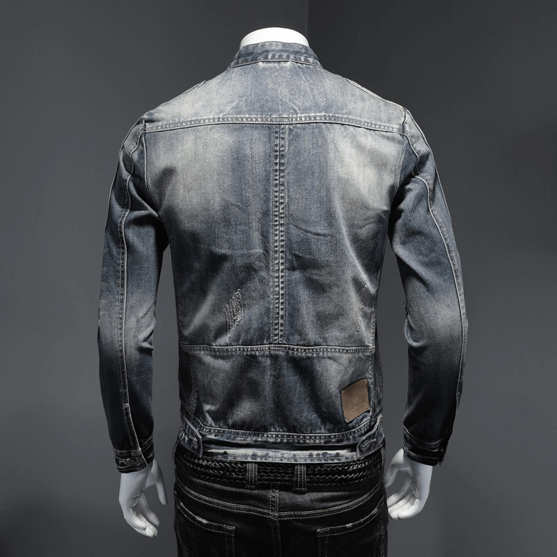 Back view of men's zipper denim motorcycle jacket in trendy design, showcasing quality fabric and slim fit.