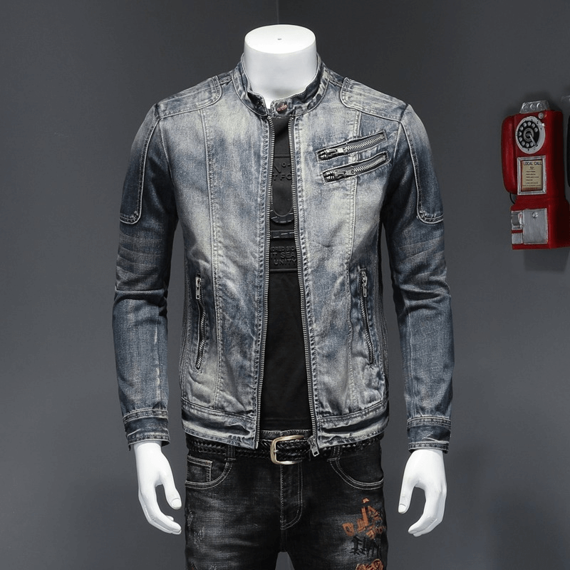 Men's motorcycle zipper denim jacket in stylish grey with stand collar and slim fit design.