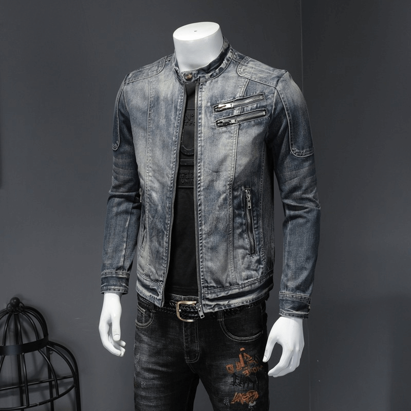 Men's motorcycle zipper denim jacket showcasing trendy design and slim fit style on mannequin.