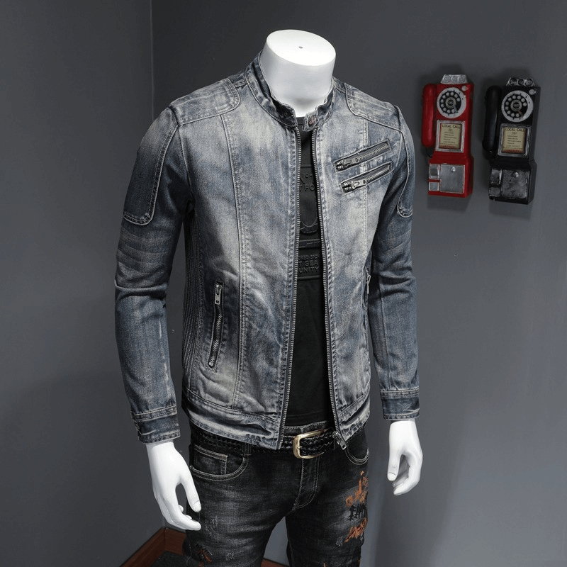 Men's stylish zipper denim jacket in motorcycle design, showcasing slim fit and trendy look on mannequin.