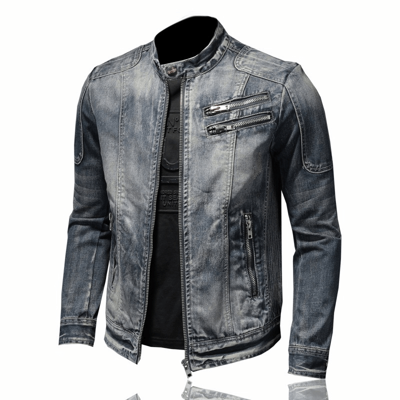 Men's motorcycle zipper denim jacket in stylish gray with stand collar and multiple zippered pockets.