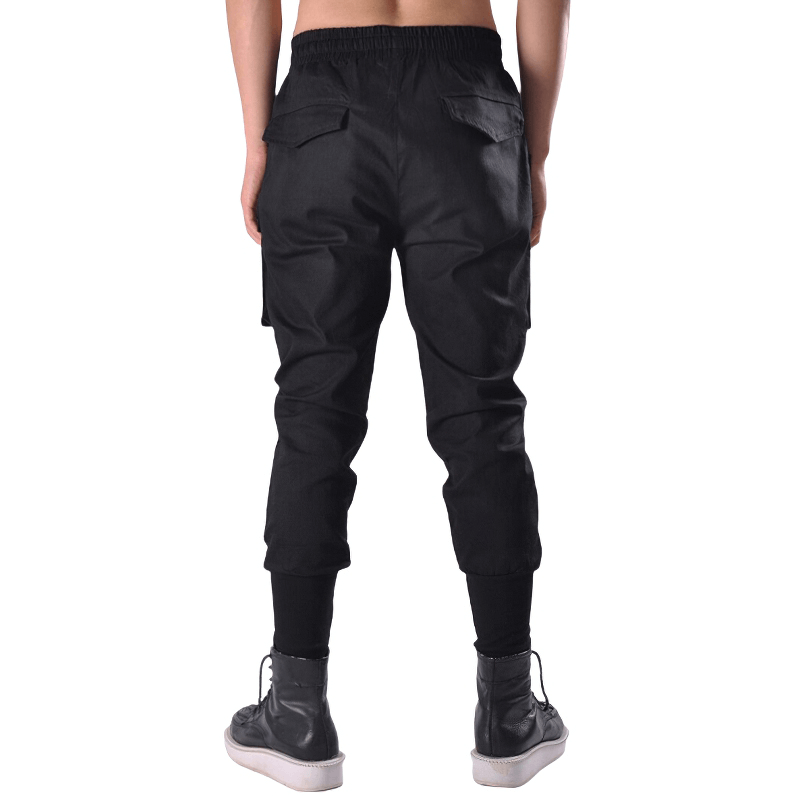 Men's black multi-pocket cargo joggers showcasing a trendy alternative style from the back.