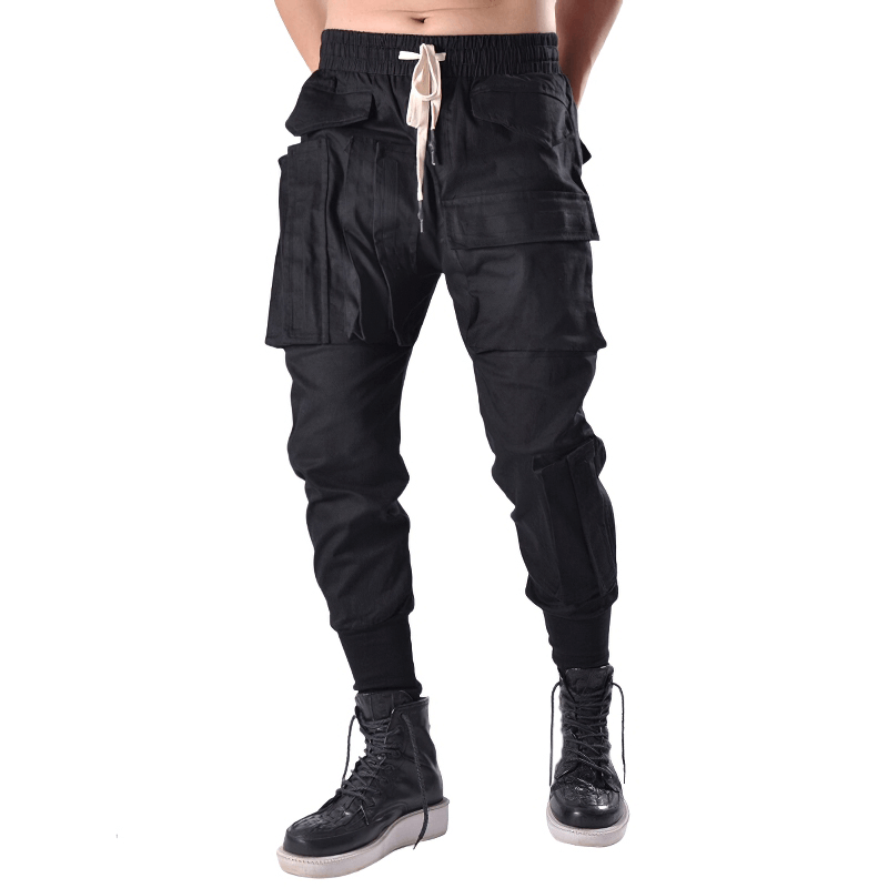 Men's multi-pocket black cargo joggers, stylish and functional, perfect for an alternative wardrobe.