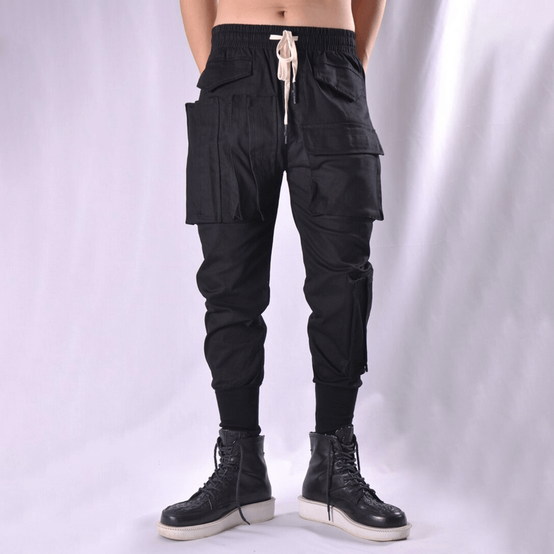 Men's black cargo joggers with multiple pockets, sporty style, perfect for casual wear and functional fashion.
