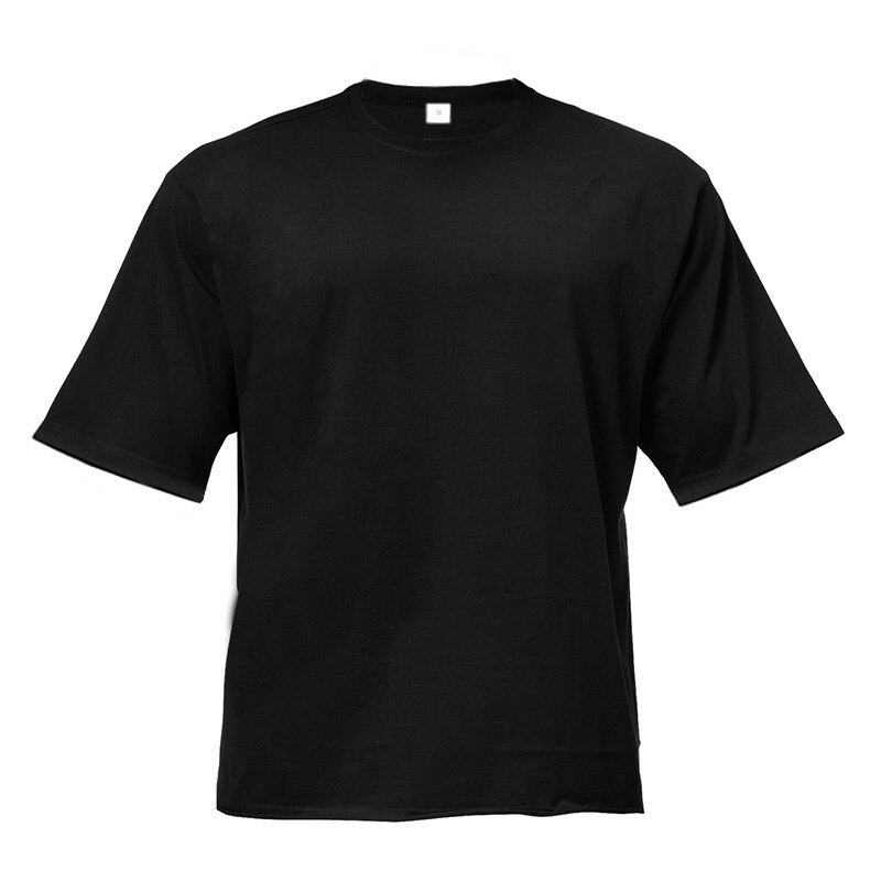 Men's oversized fit black short sleeve t-shirt with dropped shoulders, perfect for casual wear and fitness.