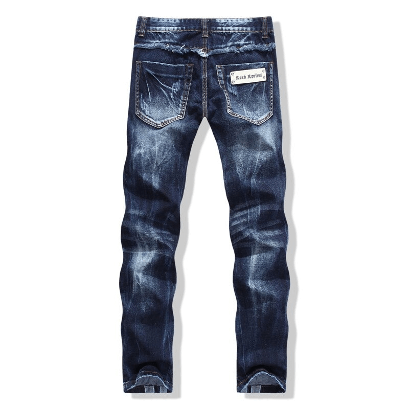 Men Spliced Jeans with Rivets on Pockets Blue Distressed Pants