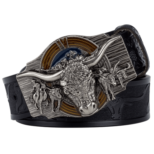 Men's Vintage Cow Pattern Belt With Buckle / Cool Bull Head Buckle / Men's Genuine Leather Belt
