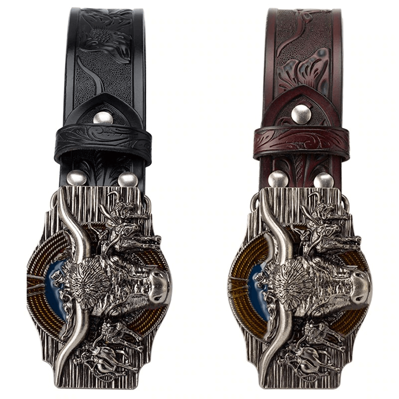 Men's vintage leather belts in black and brown with intricate bull head buckles, stylish accessory for a retro look.
