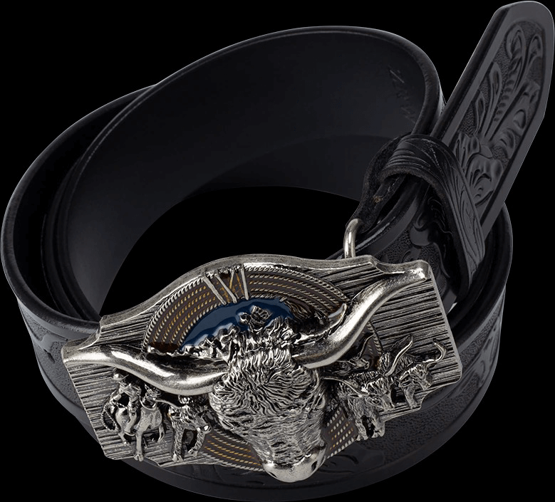 Men's vintage cow pattern leather belt featuring a bull head buckle, stylish accessory for any outfit.