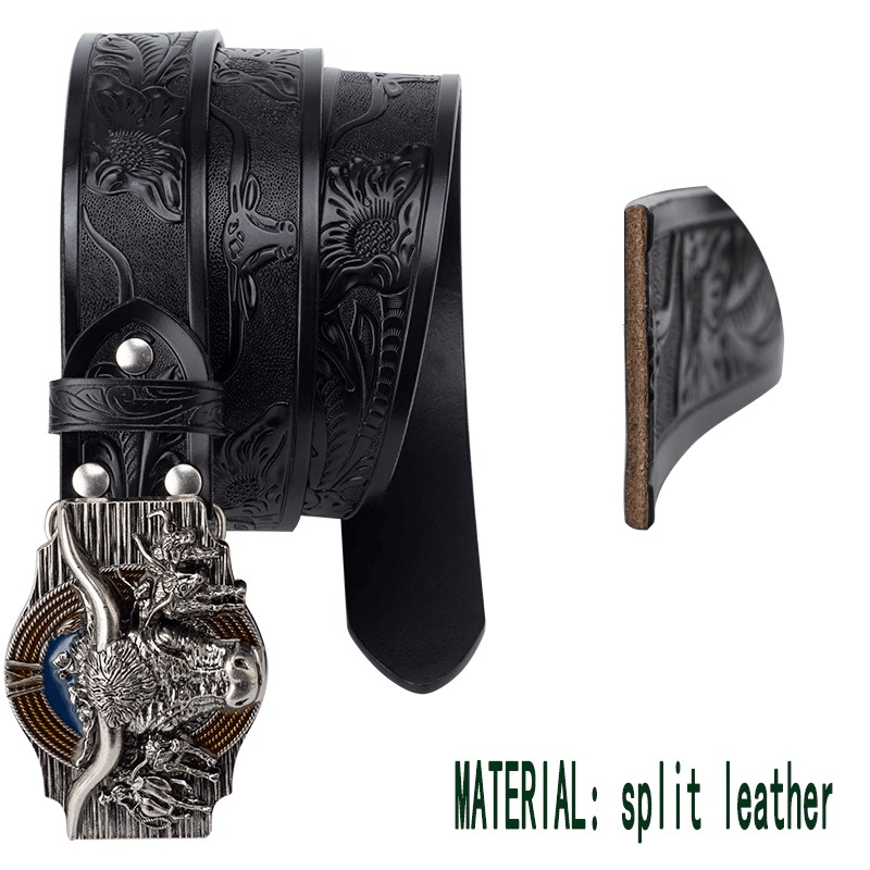 Men's Vintage Cow Pattern Belt With Buckle / Cool Bull Head Buckle / Men's Genuine Leather Belt
