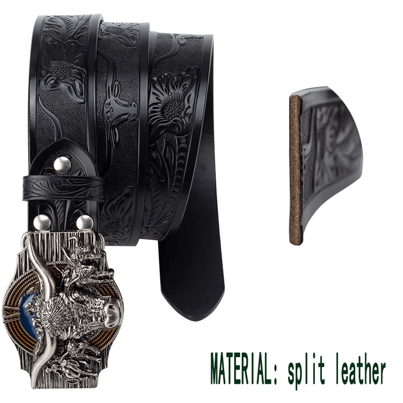 Men's vintage cow pattern belt featuring a unique bull head buckle, made of high-quality split leather.