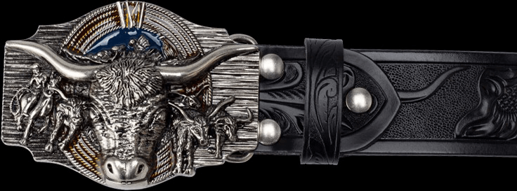 Men's vintage leather belt with cool bull head buckle, featuring intricate design and quality craftsmanship.