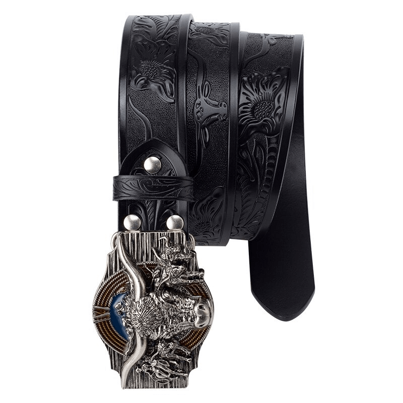 Men's vintage black leather belt with carved patterns and bull head buckle, stylish accessory for any outfit.